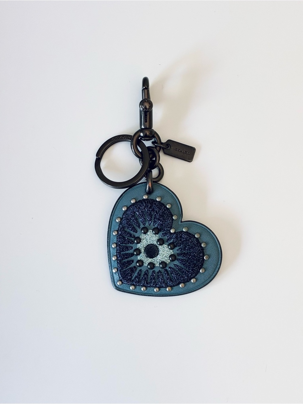 Coach Embroidered Glitter Heart Bag Charm Key Chain With Rivets, Blue / Gunmetal - Picture 4 of 16